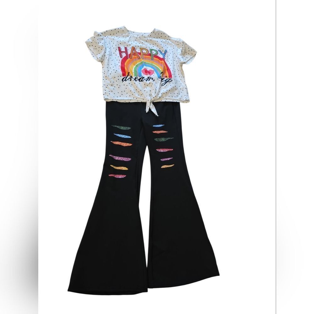 Colorful Graphic Tee and Black Flare Pants Set Size 9